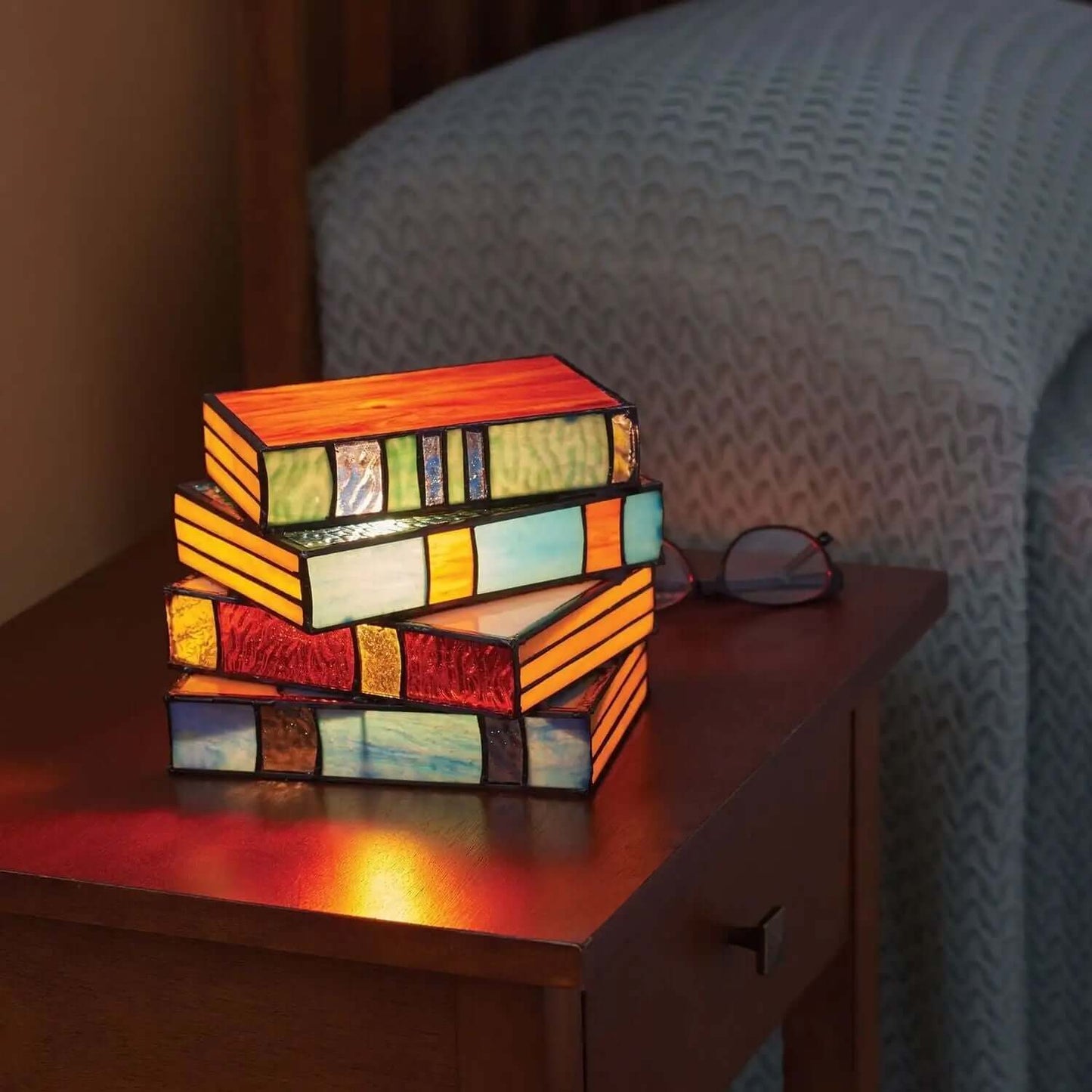 LED Buchlampe Dekolampe Buntglas Optik 18cm