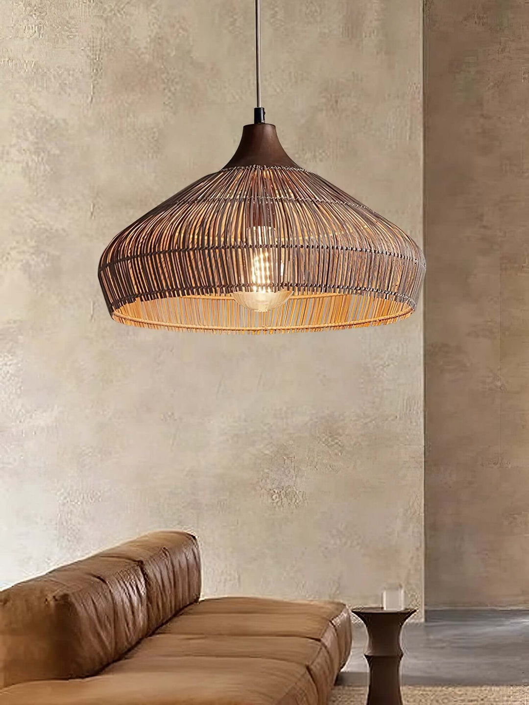 Lampe suspendue en rotin et bois