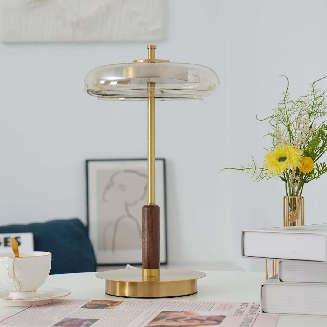 Designer Tischleuchte Modern Glas Holz Metall