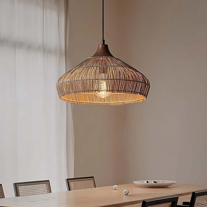 Lampe suspendue en rotin et bois