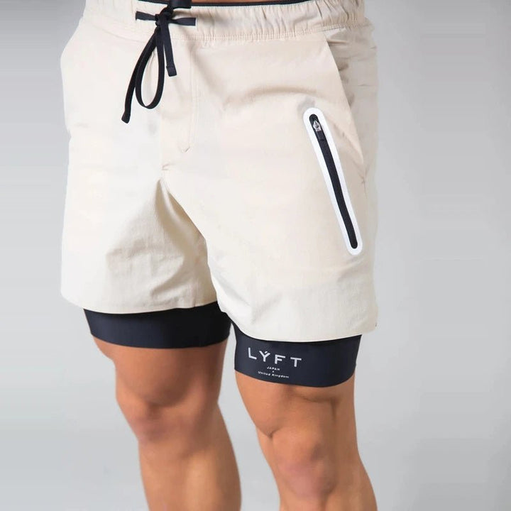 "2-in-1 Herren-Trainingsshorts, sportlich, komfortabel, innenliegende Kompressionshose, mit Taschen, schwarz"
