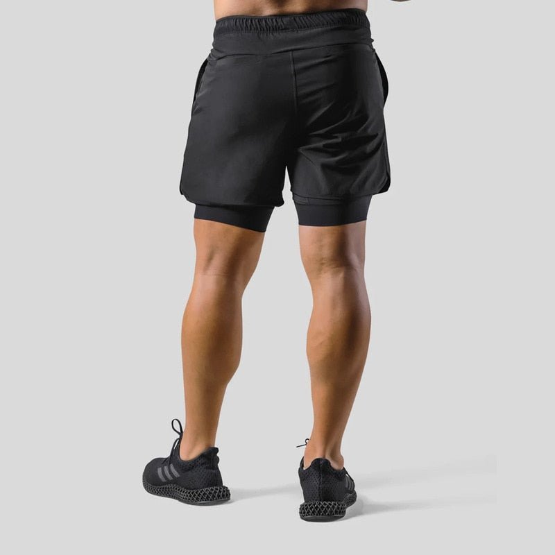 "2-in-1 Herren-Trainingsshorts, sportlich, komfortabel, innenliegende Kompressionshose, mit Taschen, schwarz"