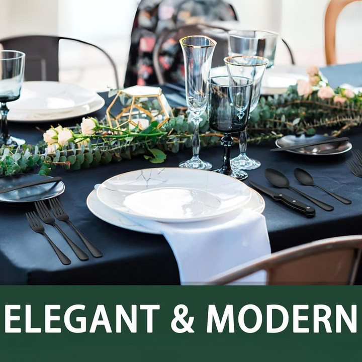 "24-teiliges schwarzes Besteckset aus Edelstahl mit elegantem, mattem Design auf einem stilvoll gedeckten Tisch"