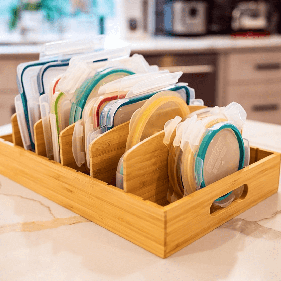 Organisateur de couvercles réglable en bambou pour la cuisine