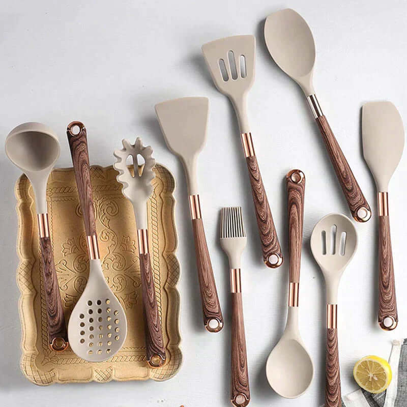 Ensemble d'ustensiles de cuisine en silicone de 10 pièces avec manches en bois