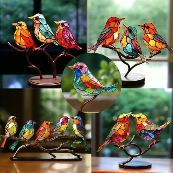 Sculpture d'oiseau décorative - Oiseaux colorés sur une branche