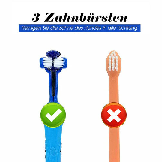 "3-Kopf-Hundezahnbürste mit ergonomischem Griff für effektive 360°-Zahnreinigung in Blau, Grün, Lila, Orange, Weiß."