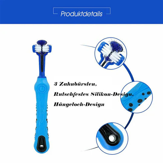 "3-Kopf-Hundezahnbürste mit ergonomischem Griff für effektive 360°-Zahnreinigung in Blau, Grün, Lila, Orange, Weiß."