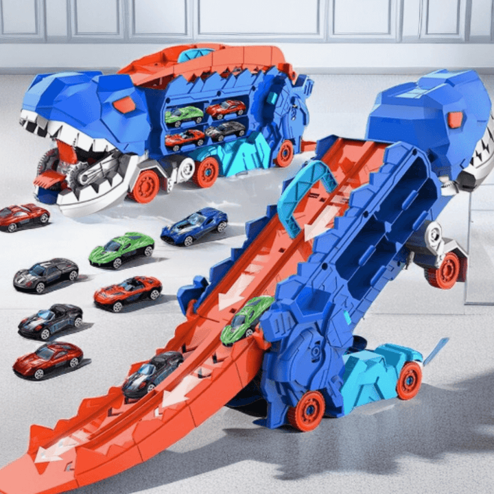 Kinder-Renntransporter 3-in-1 - Dino-Truck mit Rennstrecke