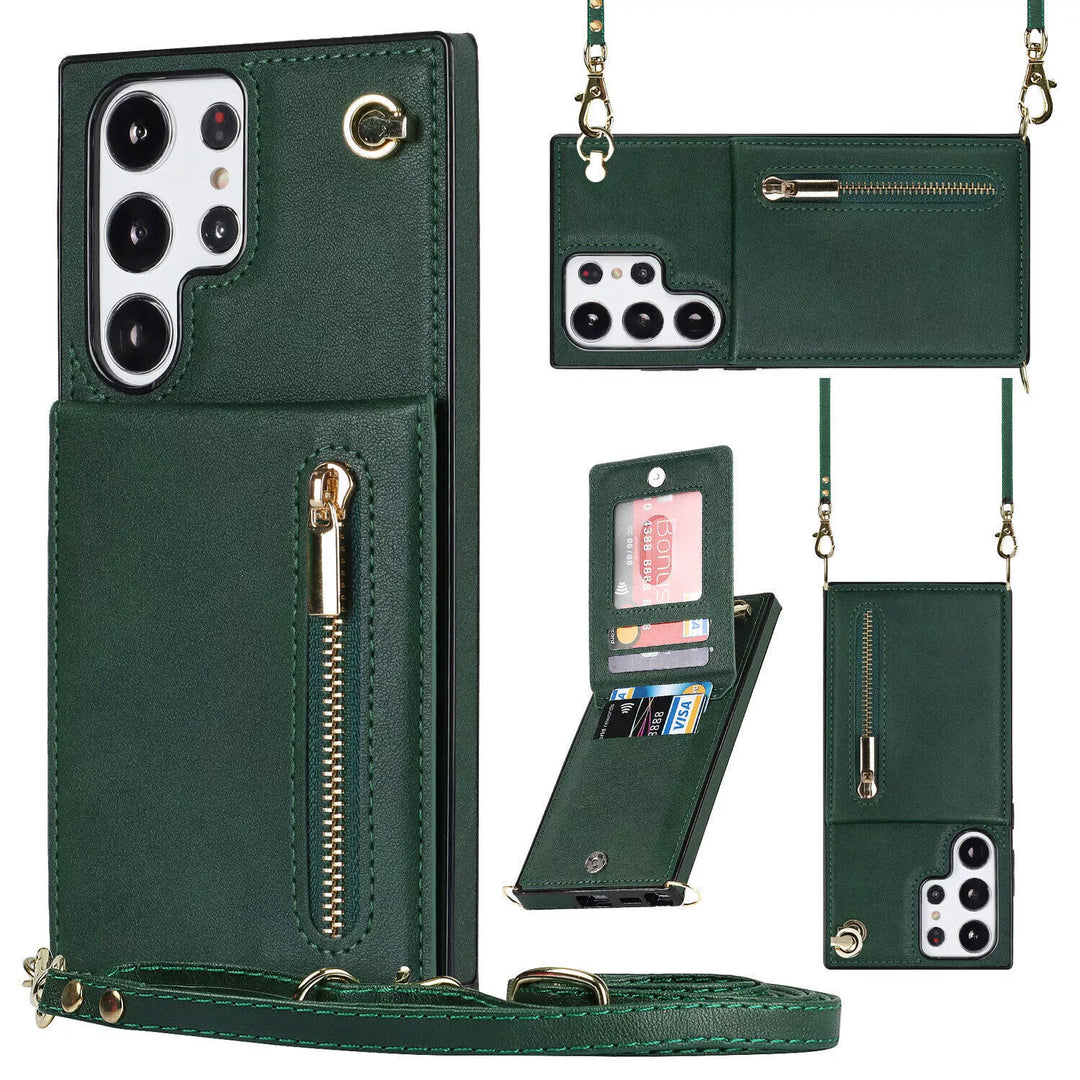 "3in1 Handyhülle mit Kartenfach und Umhängetasche in elegantem Design, ideal für Alltag und Reisen."