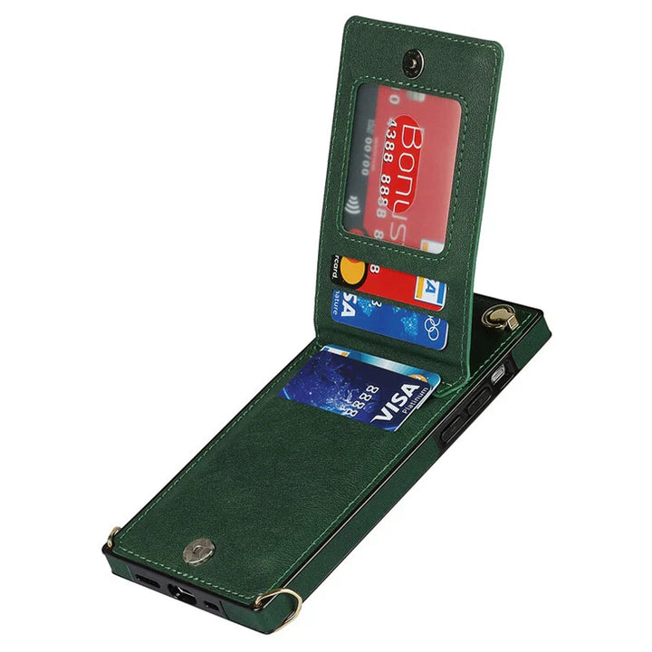 "3in1 Handyhülle mit Kartenfach und Umhängetasche in elegantem Design, ideal für Alltag und Reisen."