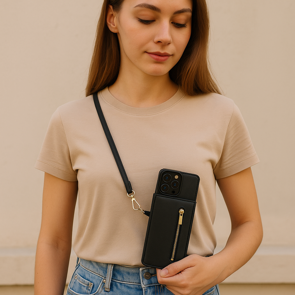 "3in1 Handyhülle mit Kartenfach und Umhängetasche in elegantem Design, ideal für Alltag und Reisen."