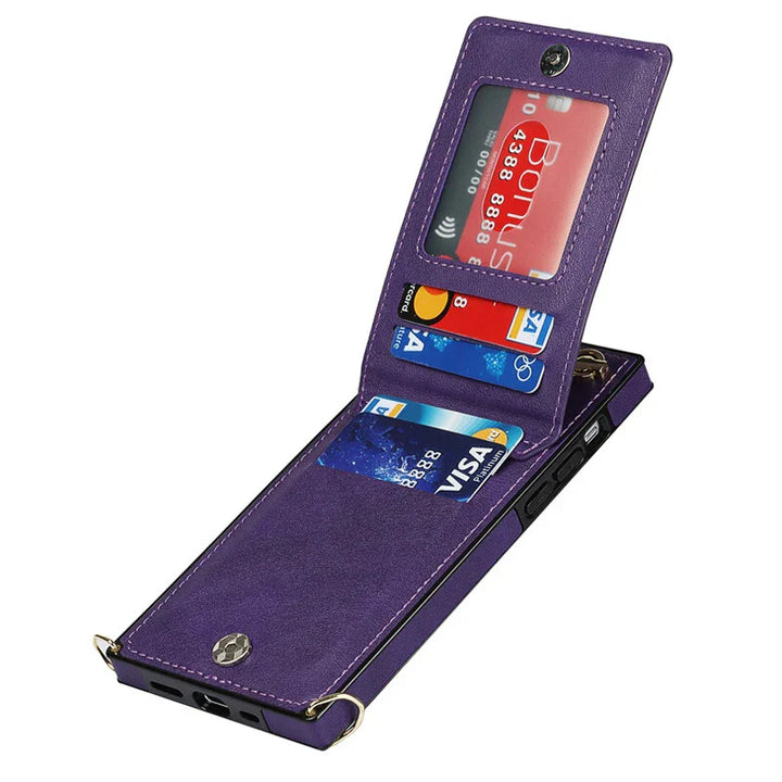 "3in1 Handyhülle mit Kartenfach und Umhängetasche in elegantem Design, ideal für Alltag und Reisen."