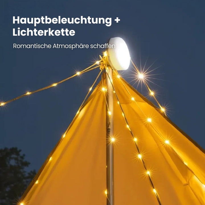 "4-in-1 Camplight, wasserdicht, multifunktional, schwarz-gold, ideal für Camping, Nachtbeleuchtung, Powerbank integriert"