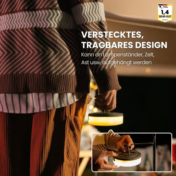 "4-in-1 Camplight, wasserdicht, multifunktional, schwarz-gold, ideal für Camping, Nachtbeleuchtung, Powerbank integriert"