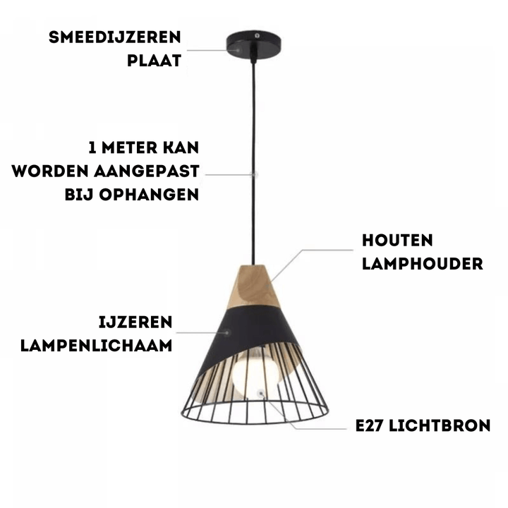 Lampe suspendue industrielle scandinave en bois et métal