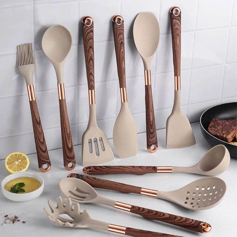 Ensemble d'ustensiles de cuisine en silicone de 10 pièces avec manches en bois