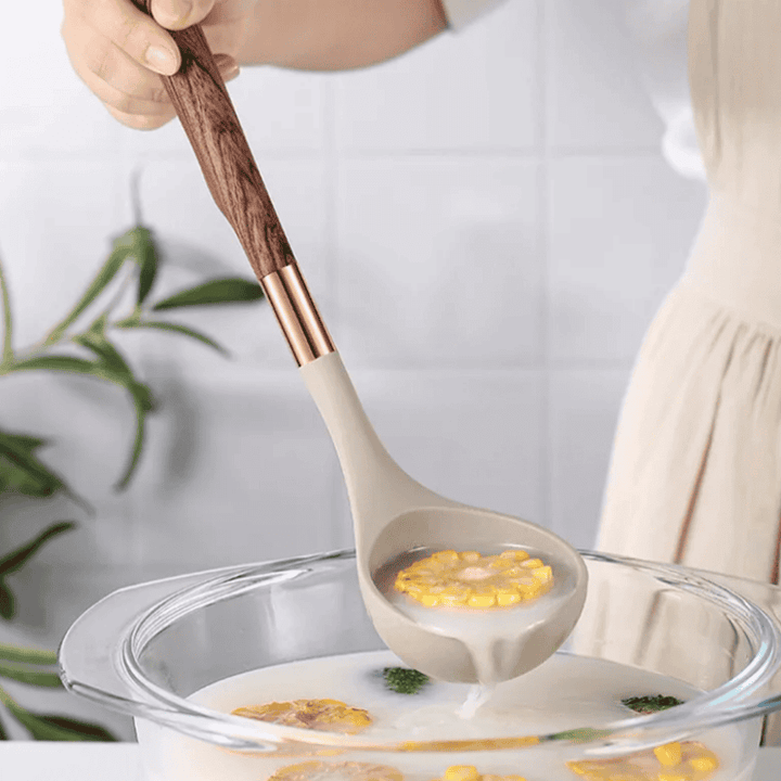 Ensemble d'ustensiles de cuisine en silicone de 10 pièces avec manches en bois