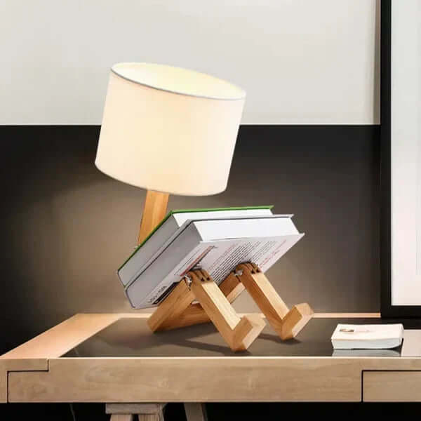 Lampe de table en bois avec porte-livre - Flexible et moderne