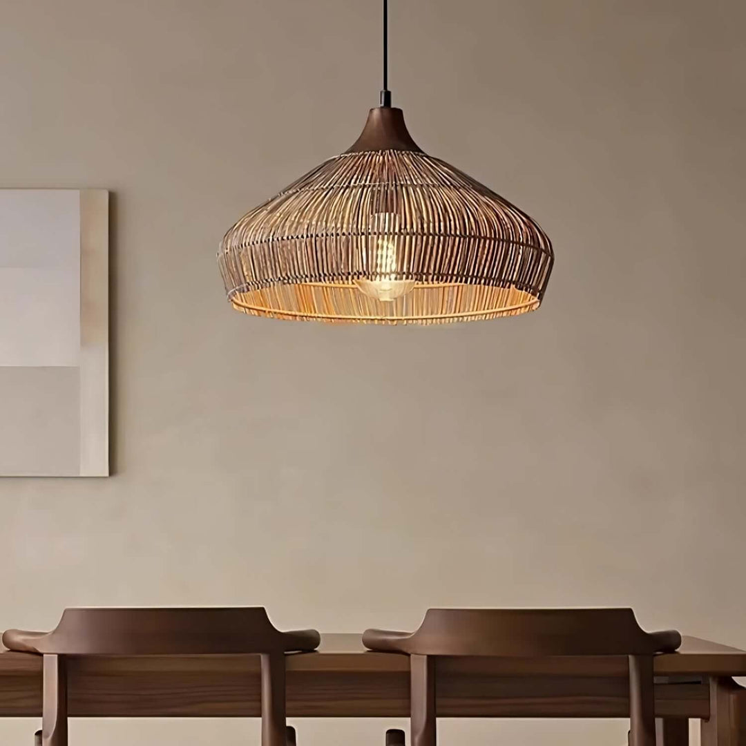 Lampe suspendue en rotin et bois