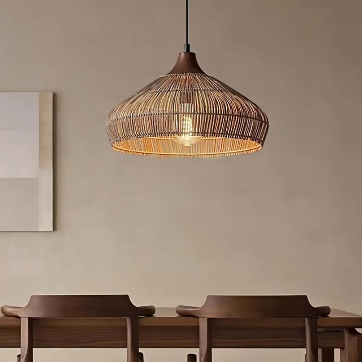 Lampe suspendue en rotin et bois