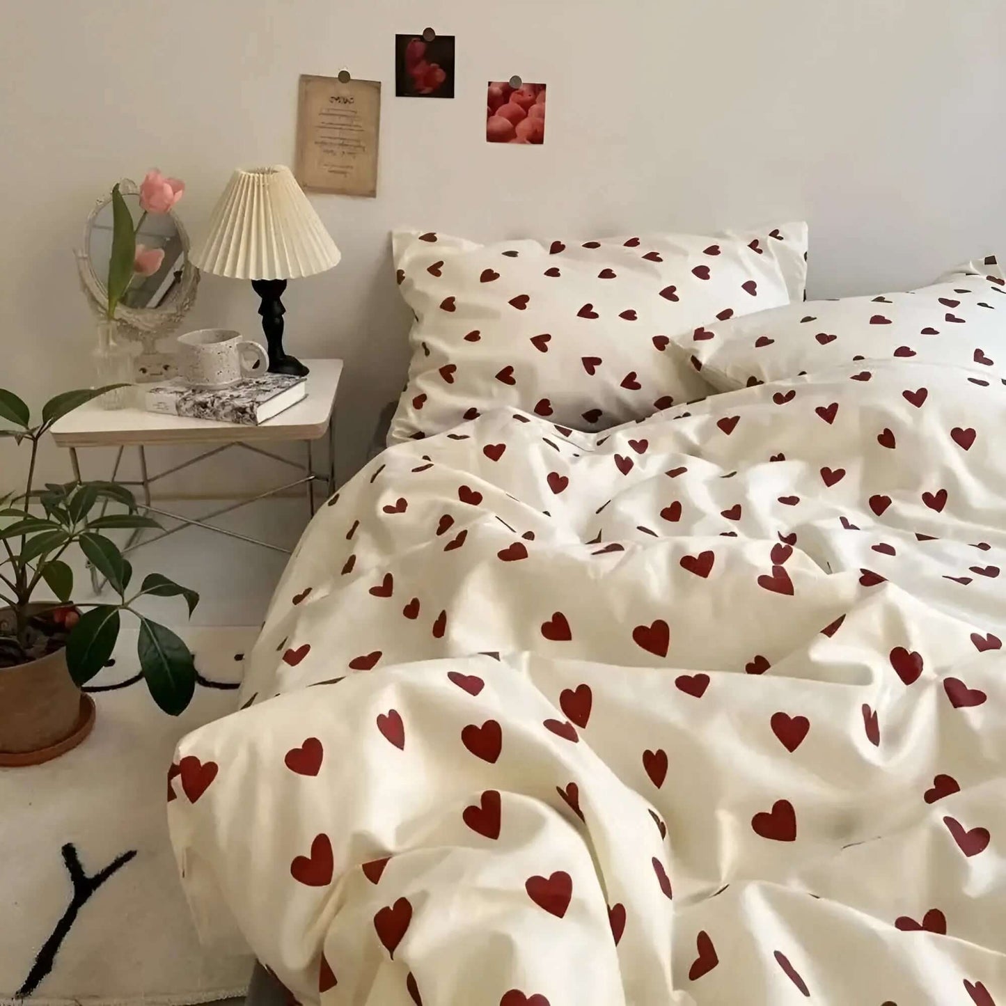 Parure de lit en coton motif cœur, blanc
