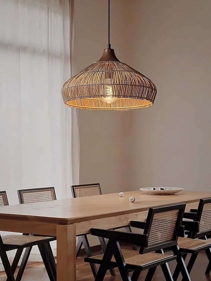 Lampe suspendue en rotin et bois