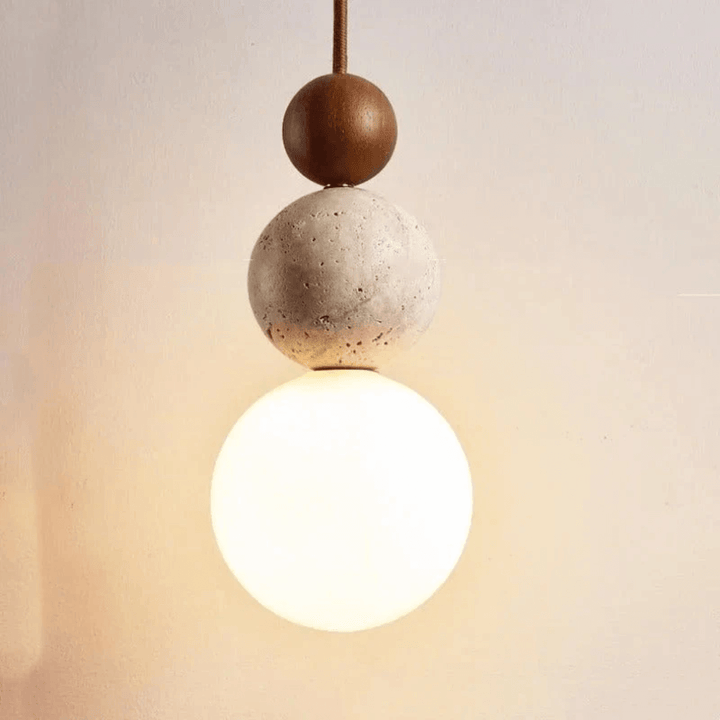 Lampe suspendue moderne en travertin et acajou