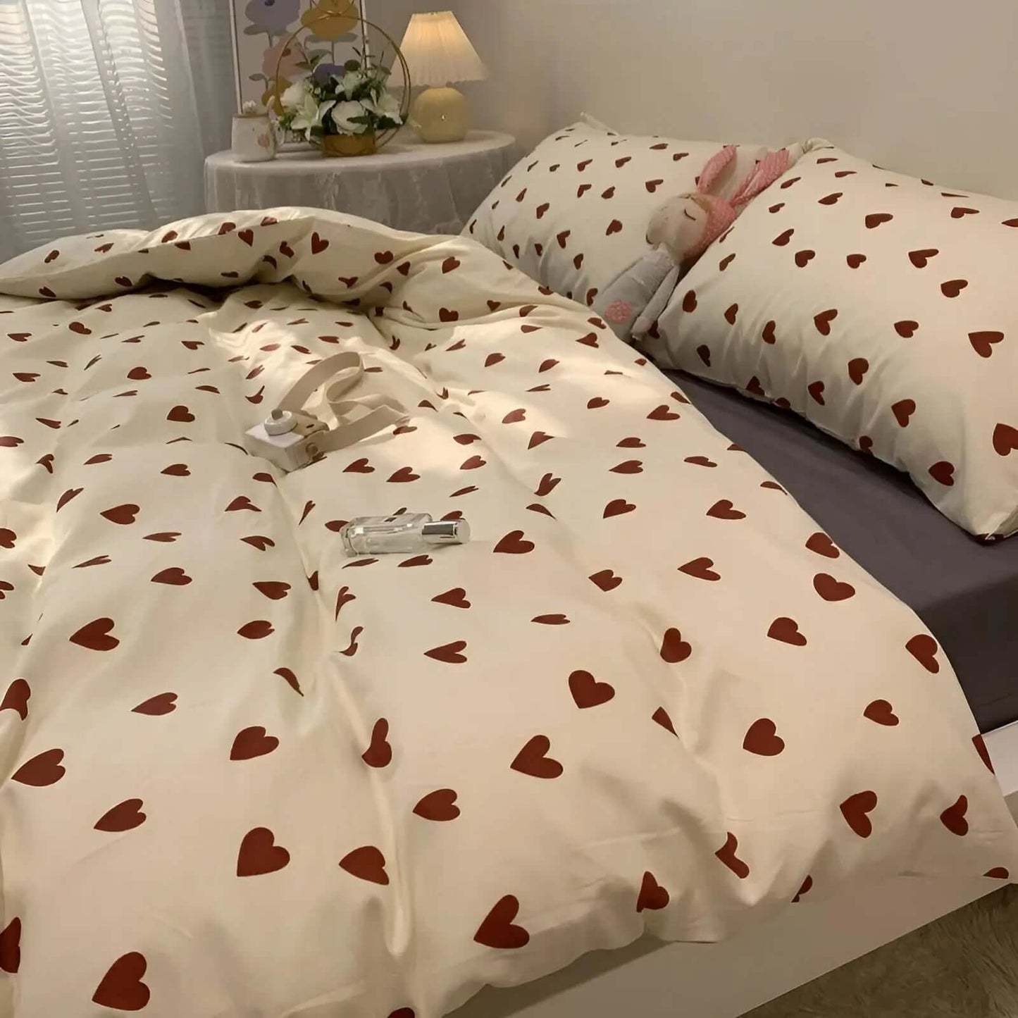 Parure de lit en coton motif cœur, blanc