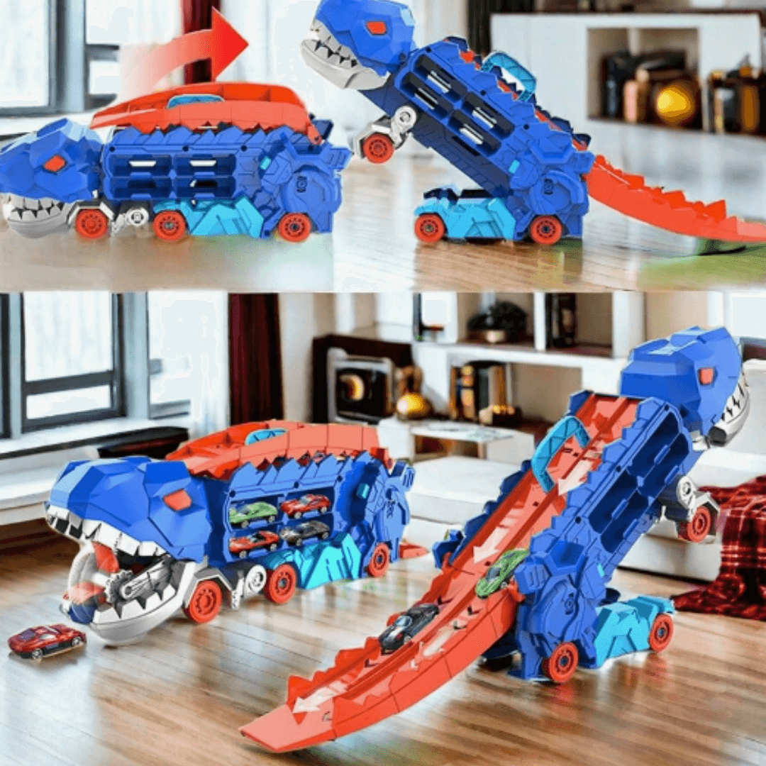 Kinder-Renntransporter 3-in-1 - Dino-Truck mit Rennstrecke