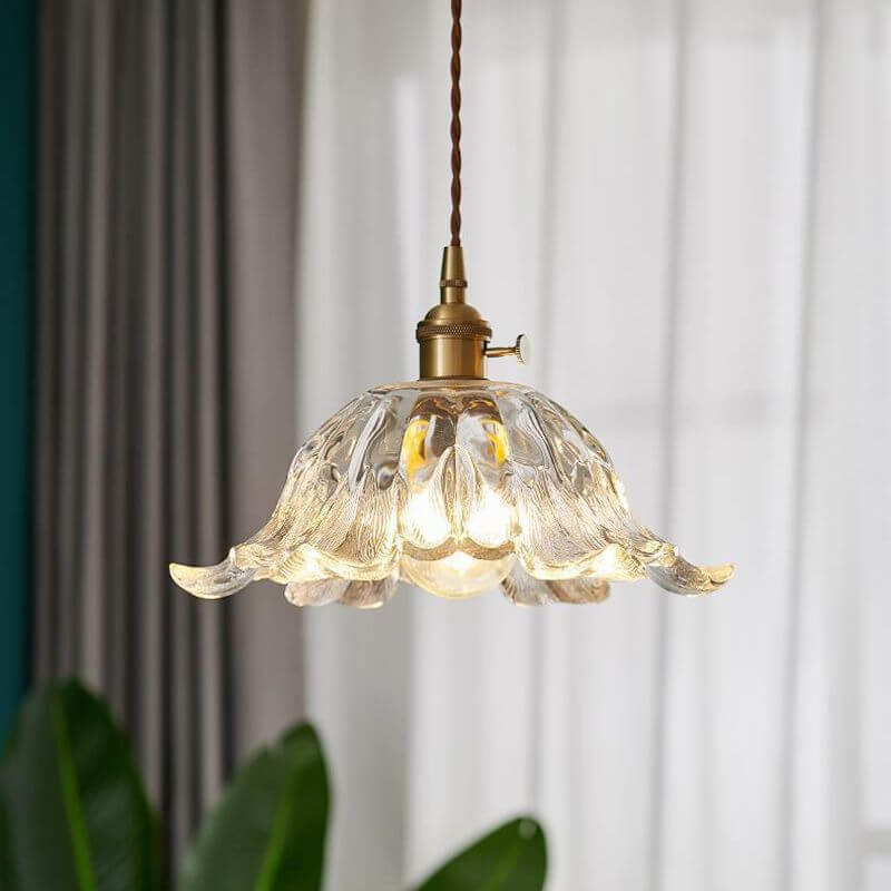 Lampe suspendue dorée en forme de fleur de verre