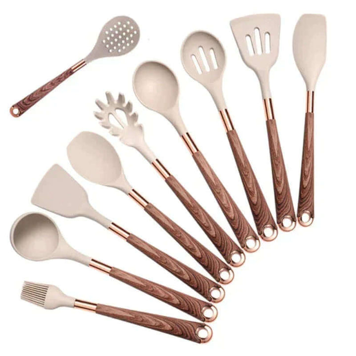 Ensemble d'ustensiles de cuisine en silicone de 10 pièces avec manches en bois