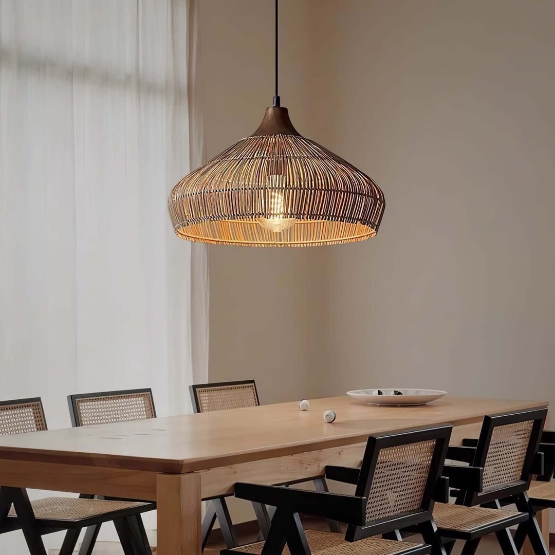 Lampe suspendue en rotin et bois