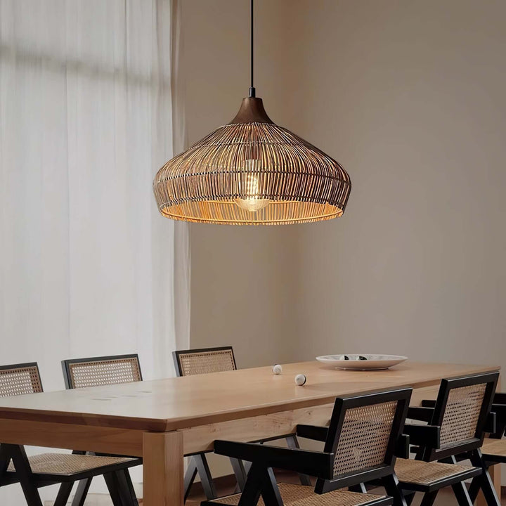 Lampe suspendue en rotin et bois