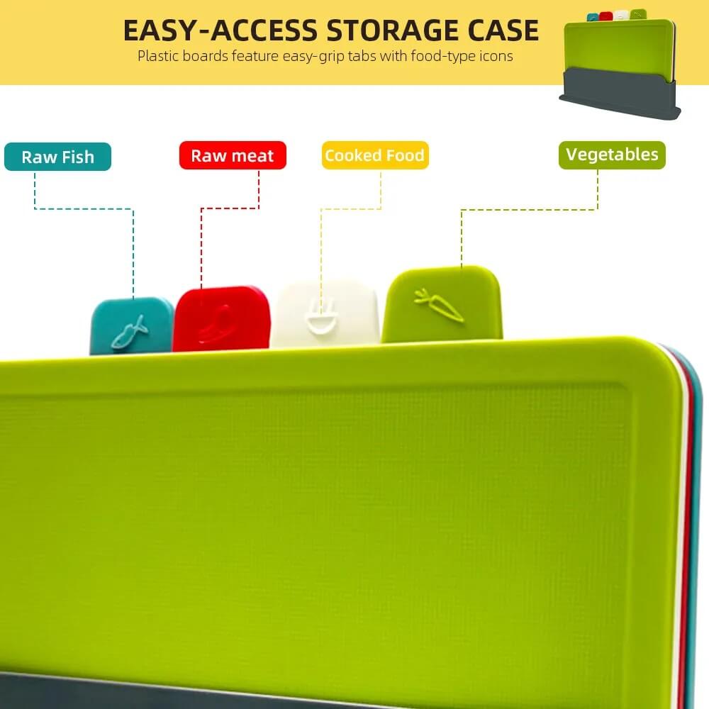 Ensemble de 4 planches à découper avec support et icônes alimentaires