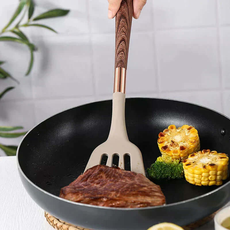 Ensemble d'ustensiles de cuisine en silicone de 10 pièces avec manches en bois