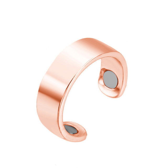 "Anti-Schnarch-Ring mit Magnetischer Therapie aus Edelstahl, offen vorne, in Farben Gold, Schwarz, Roségold, Silber."