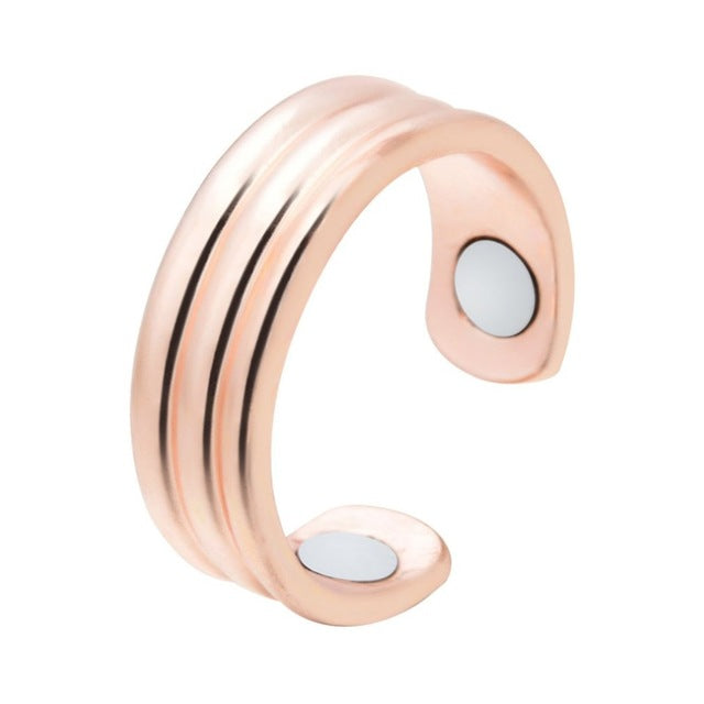 "Anti-Schnarch-Ring mit Magnetischer Therapie aus Edelstahl, offen vorne, in Farben Gold, Schwarz, Roségold, Silber."