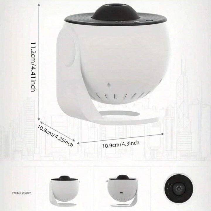 "AstroGlow Projektorlampe projiziert faszinierenden Sternenhimmel, kompakt und USB-betrieben; ideal für beruhigende Abende."
