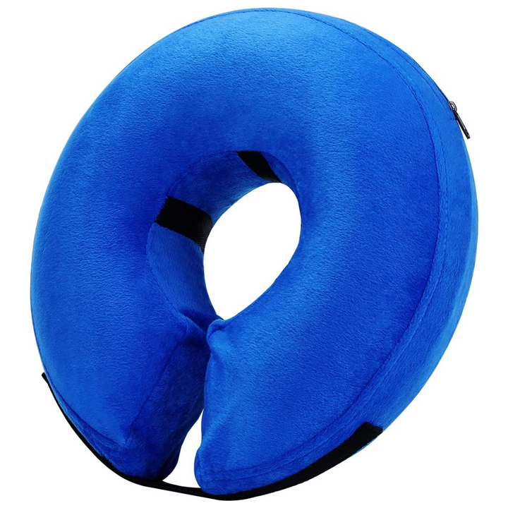 Aufblasbarer, blauer Hundekragen in Donut-Form für maximalem Komfort und Schutz nach Operationen.