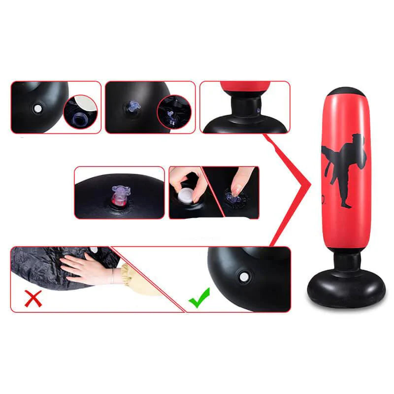 "Aufblasbarer PowerStrike Boxsack aus robustem PVC, freistehend, ideal zum Fitness- und Stressabbau daheim."