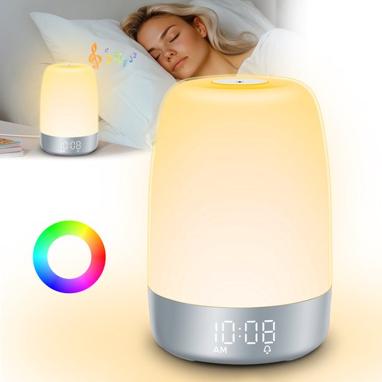 Aurora Wake-up-Light mit simuliertem Sonnenaufgang, LED-Display und Naturklängen für entspannte Morgenroutine.