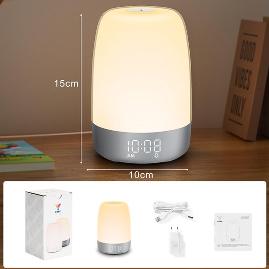 Aurora Wake-up-Light mit simuliertem Sonnenaufgang, LED-Display und Naturklängen für entspannte Morgenroutine.