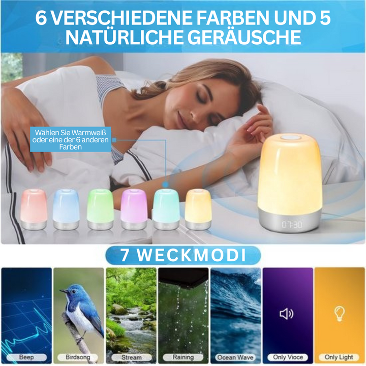 Aurora Wake-up-Light mit simuliertem Sonnenaufgang, LED-Display und Naturklängen für entspannte Morgenroutine.