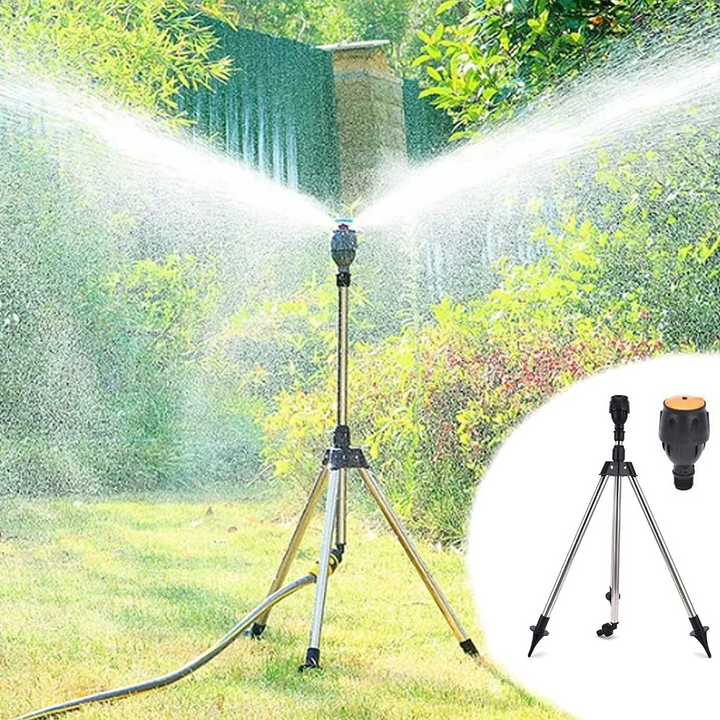"Automatischer rotierender Gartensprinkler mit Stativ und flexiblem Sprühmechanismus im Garten platziert"