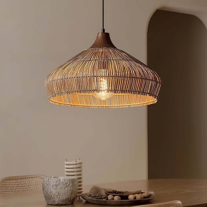 Lampe suspendue en rotin et bois