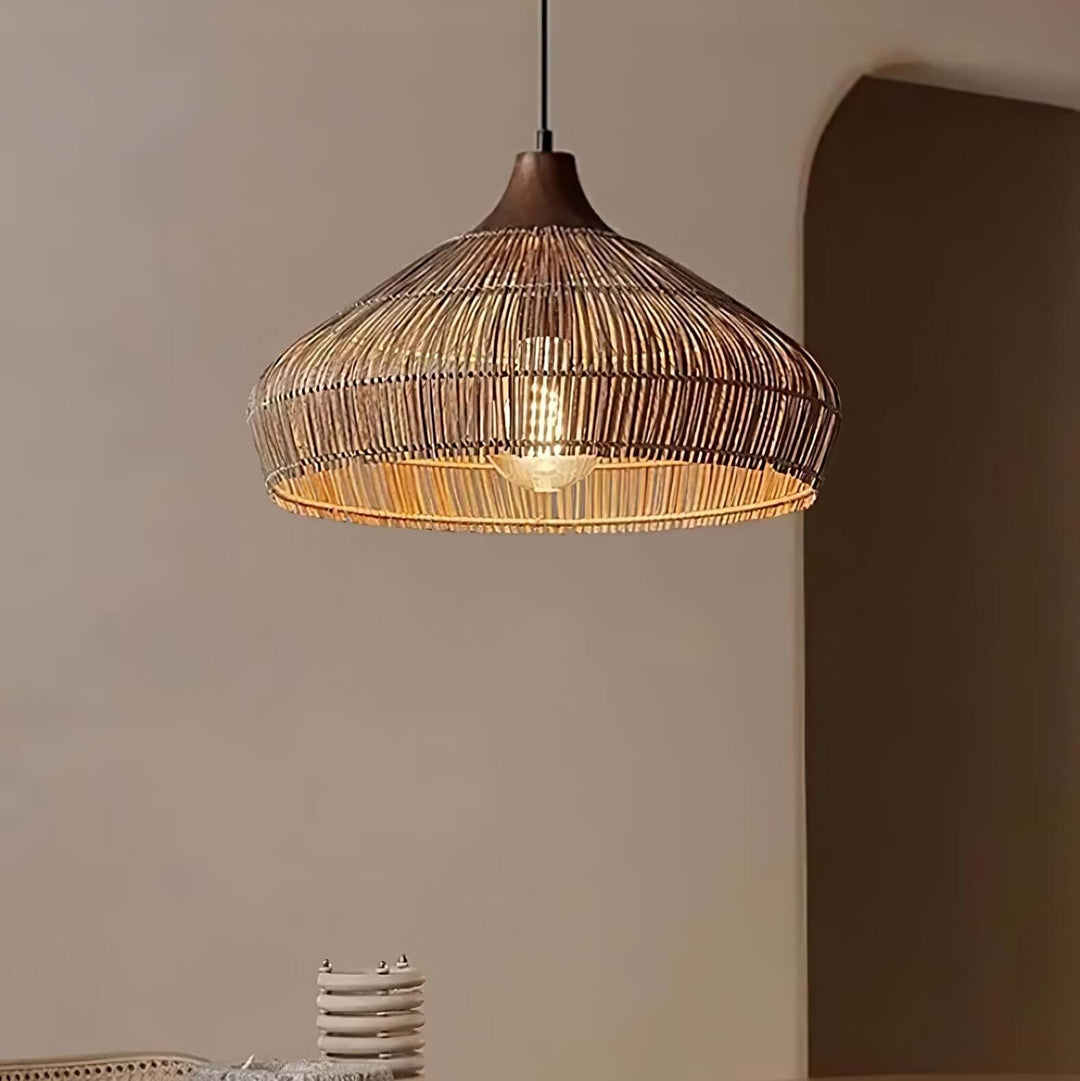 Lampe suspendue en rotin et bois