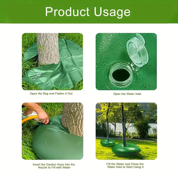 "Baum Bewässerungstasche mit Tropfbewässerung für gleichmäßige Wasserzufuhr an Wurzeln, ideal für Gartenpflege."