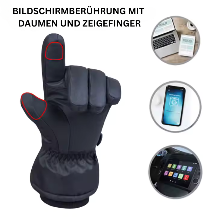 "Beheizbare Winterhandschuhe, Touchscreen-fähig, schwarz, wind- und wasserdicht, ideal für Outdoor-Aktivitäten im Winter."
