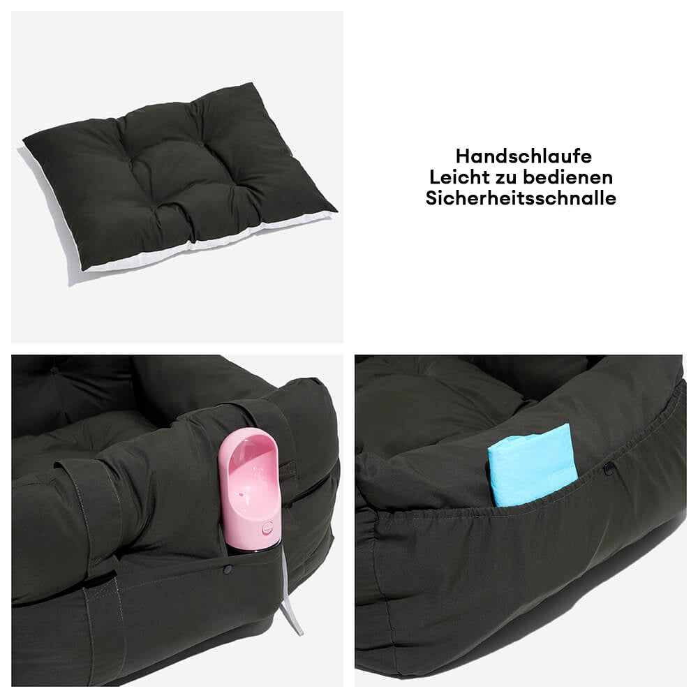 "Bequemes, tragbares Hundesitzbett im Auto, geeignet für Reisen, mit weicher Polsterung und verstellbaren Gurten."